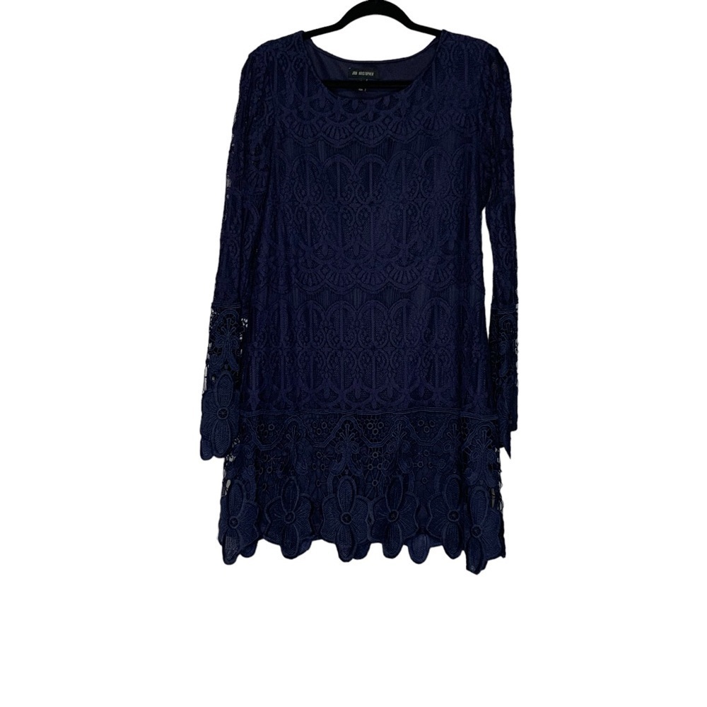 Jodi Kristopher Navy blue bell sleeve lace midi dress. Size L